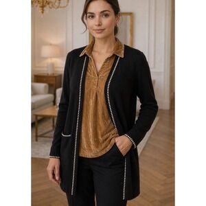 Magaschoni Womens Black White Whipstitch Open Front Longline Cardigan Sweater M